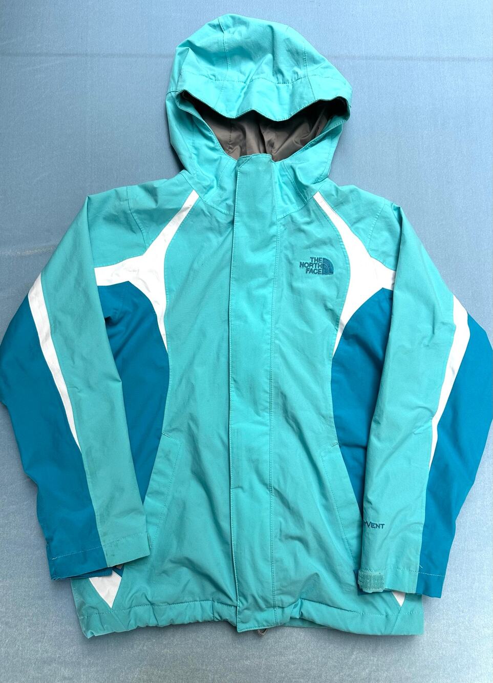 The North Face Girls Rain Jacket Size M (10/12) Teal Blue Colorblock HyVent Hood